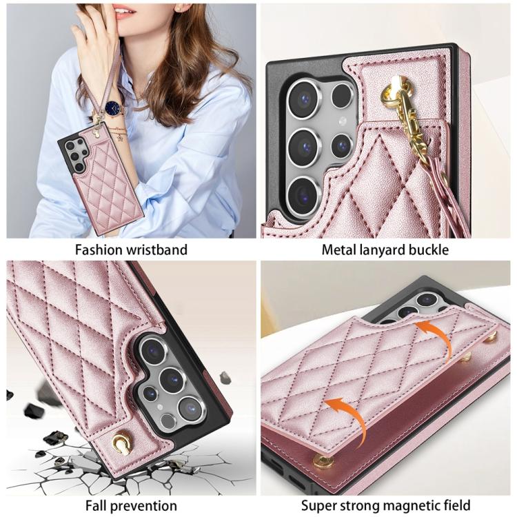 For Samsung Galaxy S22 Ultra 5G Rhombic Dual Buckle Card Slots Phone Case with Lanyard