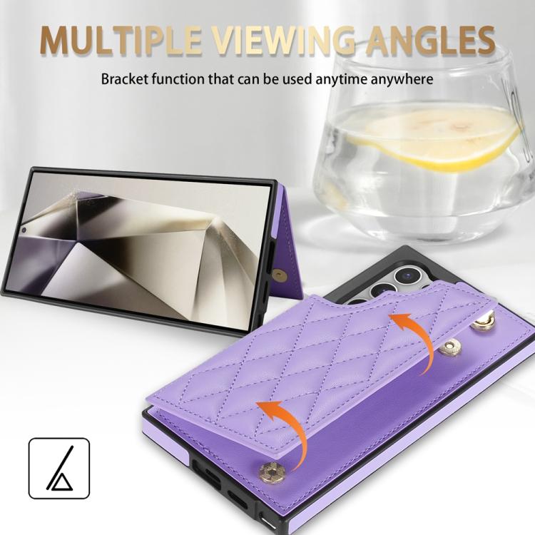 For Samsung Galaxy S22 Ultra 5G Rhombic Dual Buckle Card Slots Phone Case with Lanyard