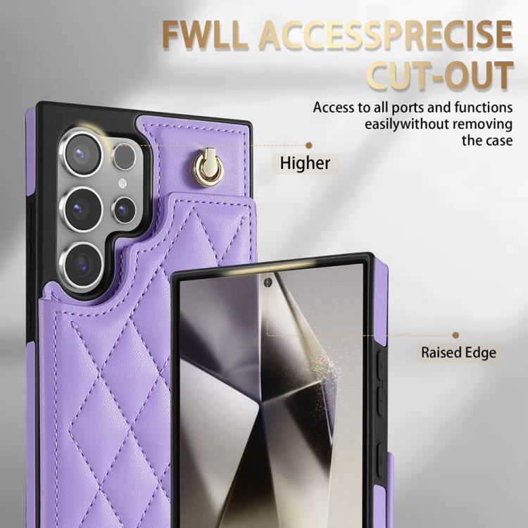 For Samsung Galaxy S22 Ultra 5G Rhombic Dual Buckle Card Slots Phone Case with Lanyard