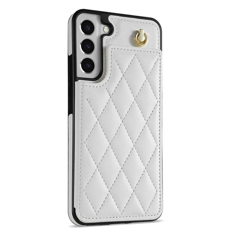 For Samsung Galaxy S22 5G Rhombic Dual Buckle Card Slots Phone Case with Lanyard