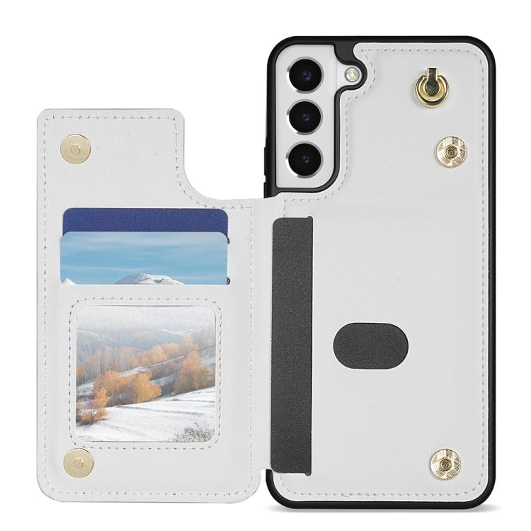 For Samsung Galaxy S22 5G Rhombic Dual Buckle Card Slots Phone Case with Lanyard