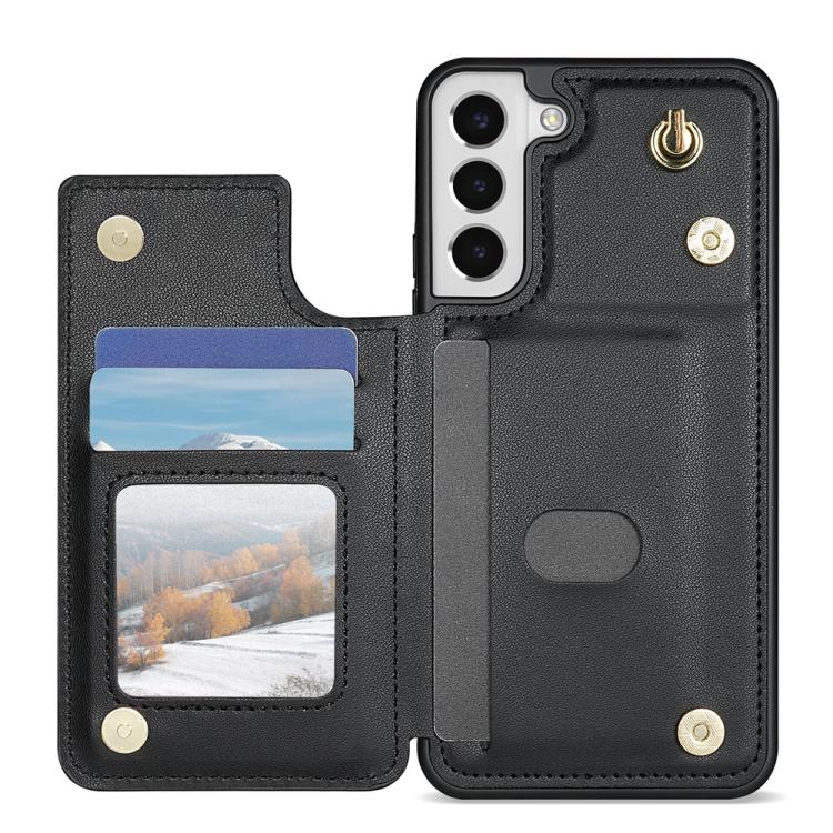 For Samsung Galaxy S22 5G Rhombic Dual Buckle Card Slots Phone Case with Lanyard