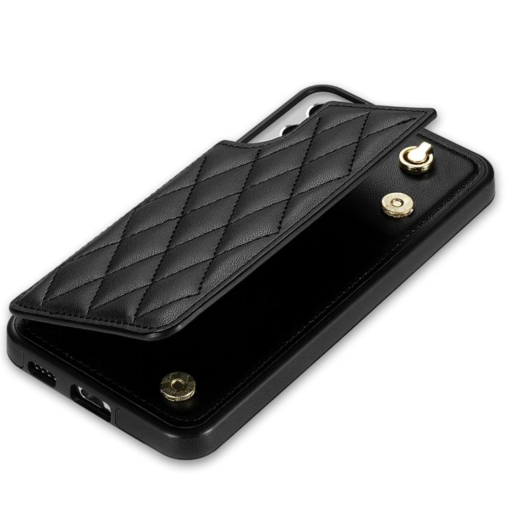 For Samsung Galaxy S22 5G Rhombic Dual Buckle Card Slots Phone Case with Lanyard