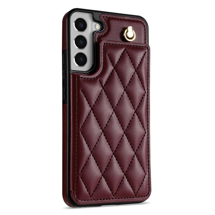For Samsung Galaxy S22 5G Rhombic Dual Buckle Card Slots Phone Case with Lanyard