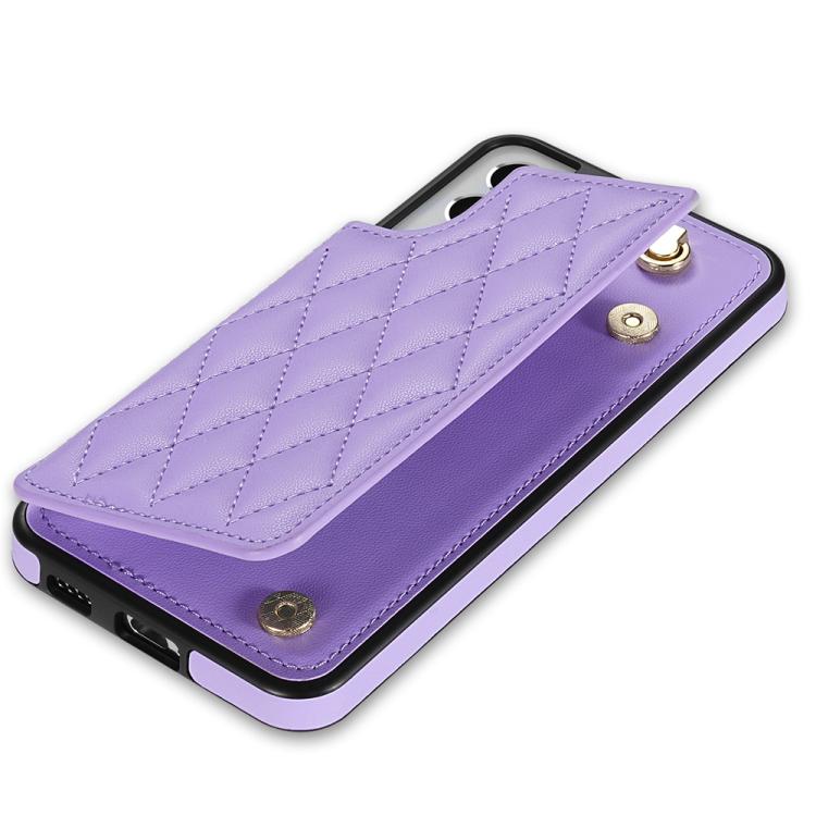 For Samsung Galaxy S22 5G Rhombic Dual Buckle Card Slots Phone Case with Lanyard