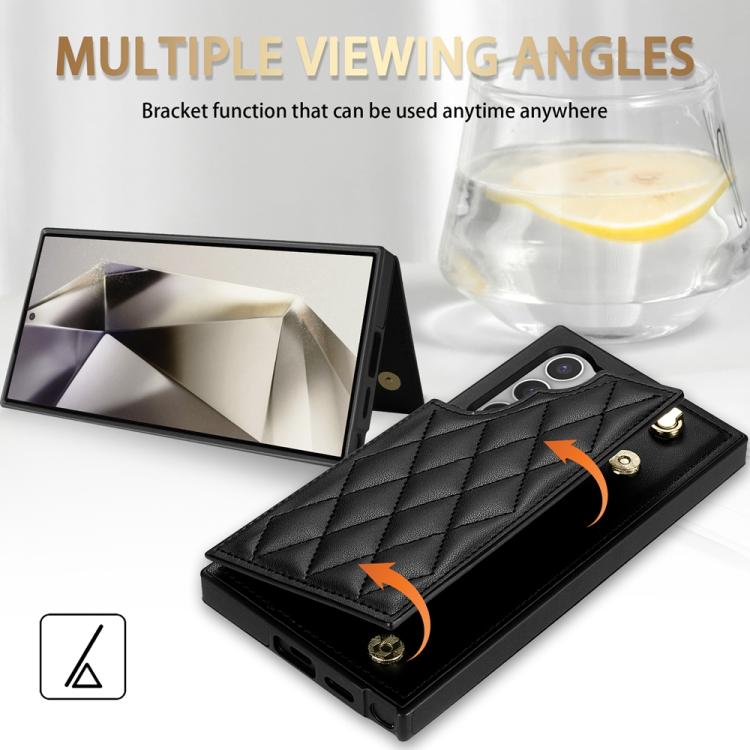 For Samsung Galaxy S21 Ultra 5G Rhombic Dual Buckle Card Slots Phone Case with Lanyard