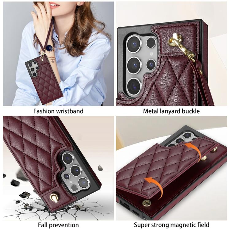For Samsung Galaxy S21 Ultra 5G Rhombic Dual Buckle Card Slots Phone Case with Lanyard