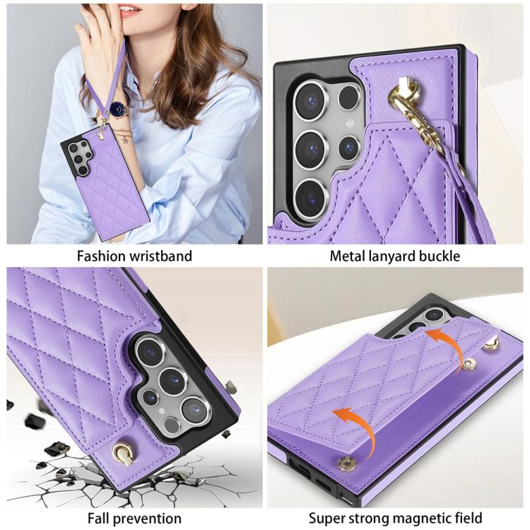 For Samsung Galaxy S21 Ultra 5G Rhombic Dual Buckle Card Slots Phone Case with Lanyard