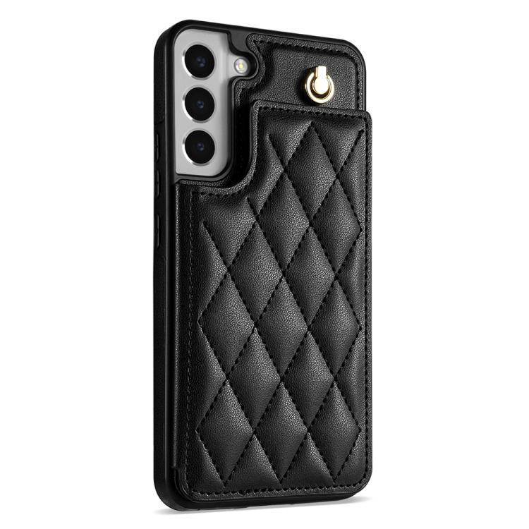 For Samsung Galaxy S21+ 5G Rhombic Dual Buckle Card Slots Phone Case with Lanyard