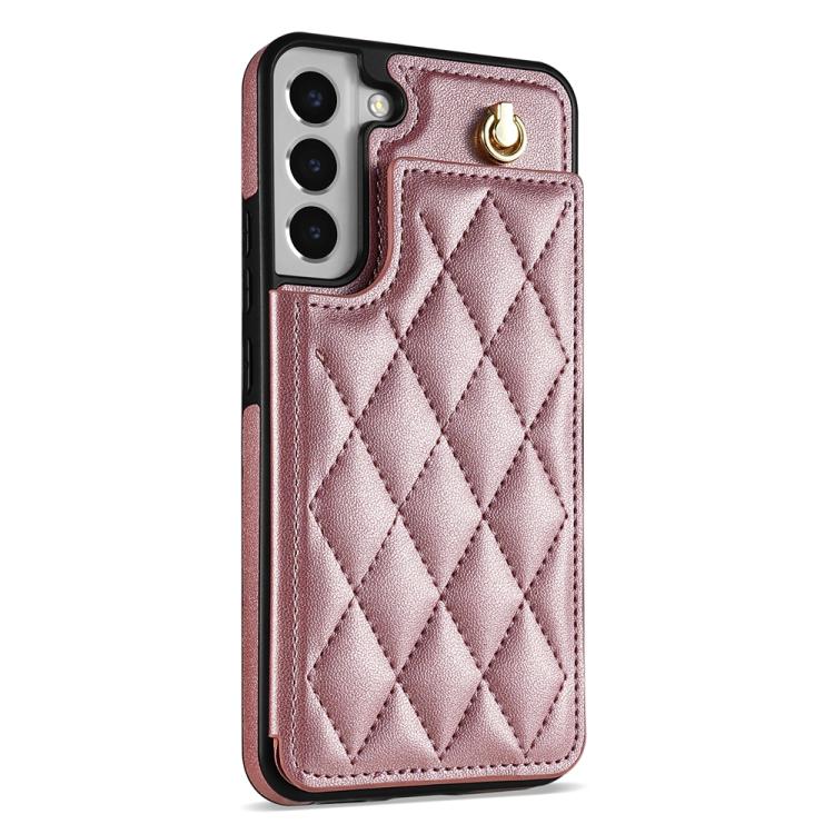 For Samsung Galaxy S21+ 5G Rhombic Dual Buckle Card Slots Phone Case with Lanyard