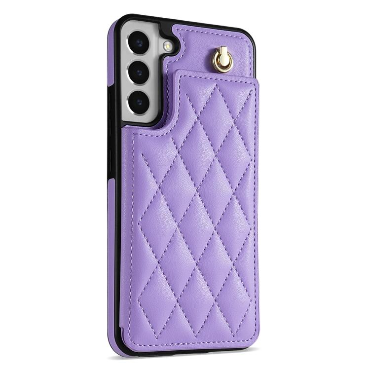 For Samsung Galaxy S21+ 5G Rhombic Dual Buckle Card Slots Phone Case with Lanyard