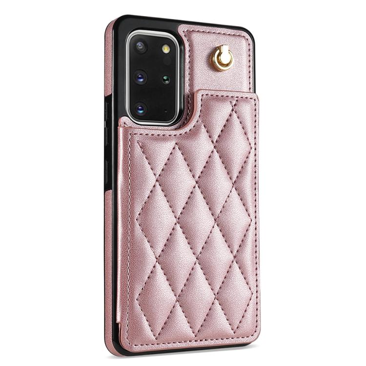 For Samsung Galaxy S20 FE 5G Rhombic Dual Buckle Card Slots Phone Case with Lanyard