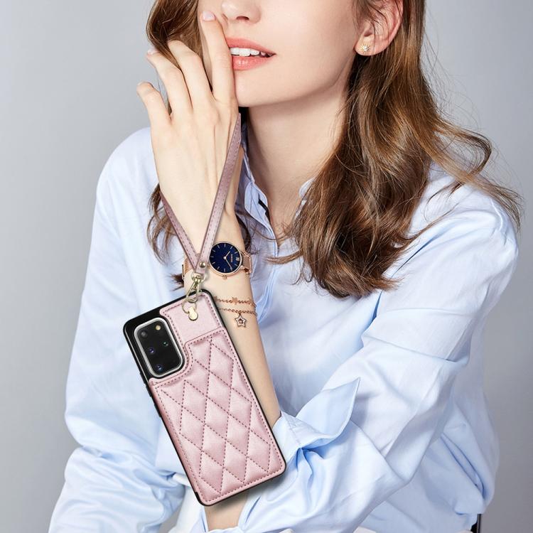 For Samsung Galaxy S20 FE 5G Rhombic Dual Buckle Card Slots Phone Case with Lanyard