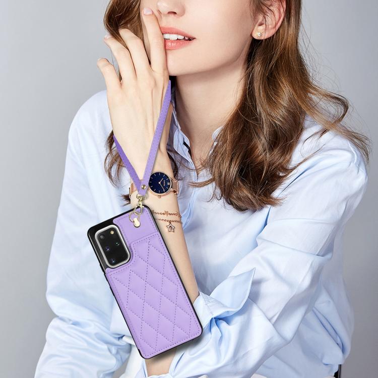 For Samsung Galaxy S20 FE 5G Rhombic Dual Buckle Card Slots Phone Case with Lanyard