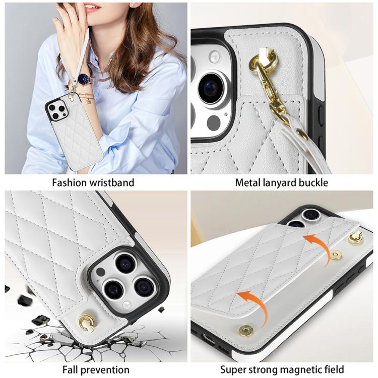 For iPhone 16 Pro Max Rhombic Dual Buckle Card Slots Phone Case with Lanyard