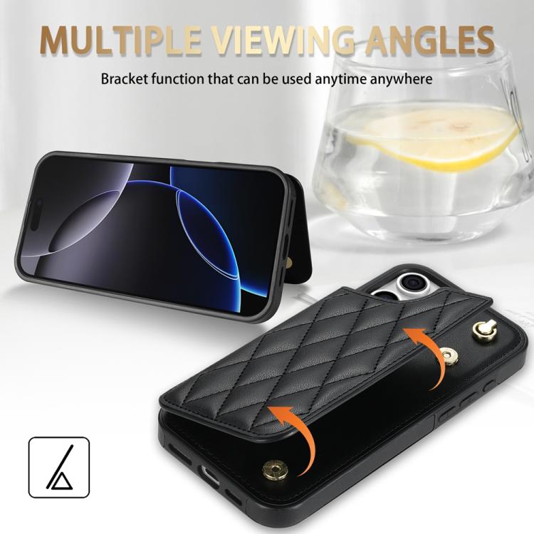 For iPhone 16 Pro Max Rhombic Dual Buckle Card Slots Phone Case with Lanyard
