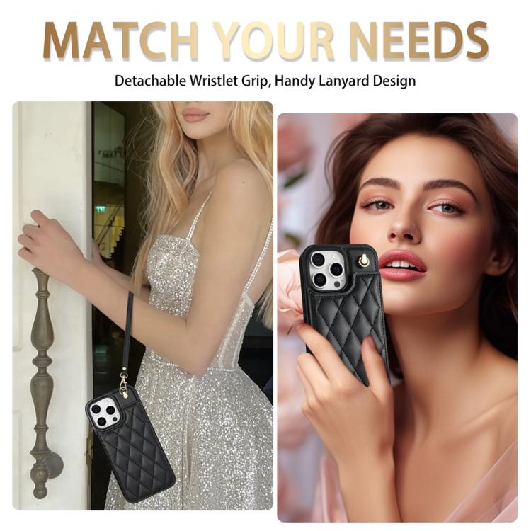 For iPhone 16 Pro Max Rhombic Dual Buckle Card Slots Phone Case with Lanyard