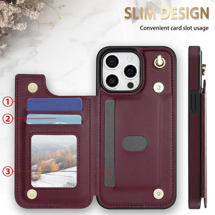 For iPhone 16 Pro Max Rhombic Dual Buckle Card Slots Phone Case with Lanyard
