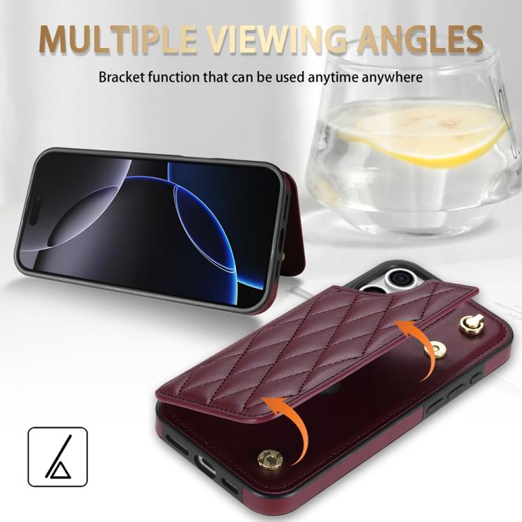 For iPhone 16 Pro Max Rhombic Dual Buckle Card Slots Phone Case with Lanyard