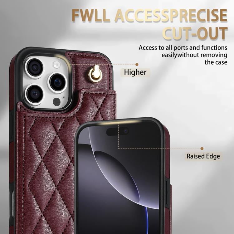 For iPhone 16 Pro Max Rhombic Dual Buckle Card Slots Phone Case with Lanyard