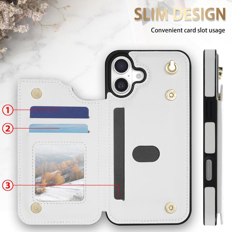 For iPhone 16 Plus Rhombic Dual Buckle Card Slots Phone Case with Lanyard