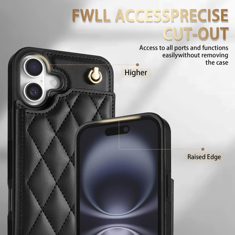 For iPhone 16 Plus Rhombic Dual Buckle Card Slots Phone Case with Lanyard