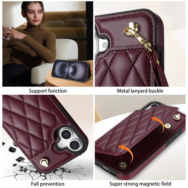 For iPhone 16 Plus Rhombic Dual Buckle Card Slots Phone Case with Lanyard