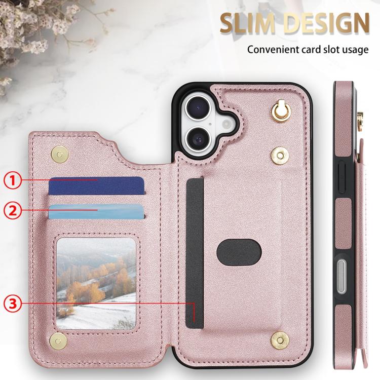 For iPhone 16 Plus Rhombic Dual Buckle Card Slots Phone Case with Lanyard