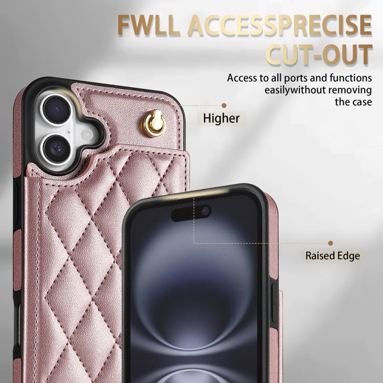 For iPhone 16 Plus Rhombic Dual Buckle Card Slots Phone Case with Lanyard