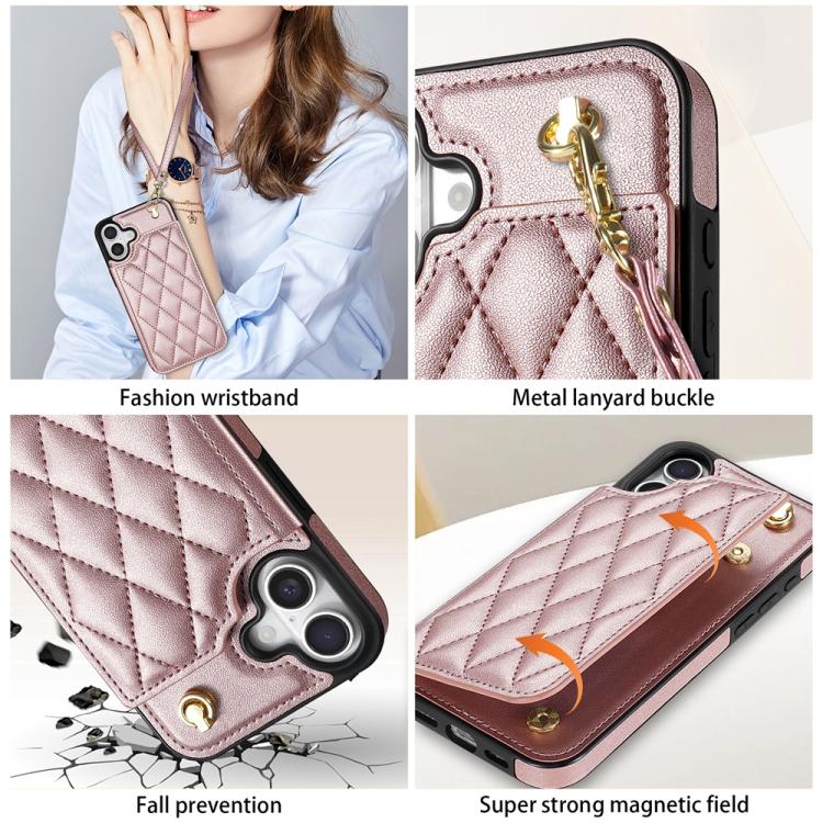 For iPhone 16 Plus Rhombic Dual Buckle Card Slots Phone Case with Lanyard