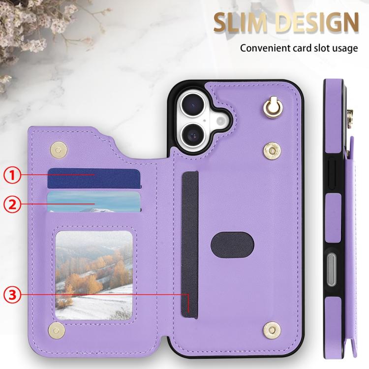 For iPhone 16 Plus Rhombic Dual Buckle Card Slots Phone Case with Lanyard