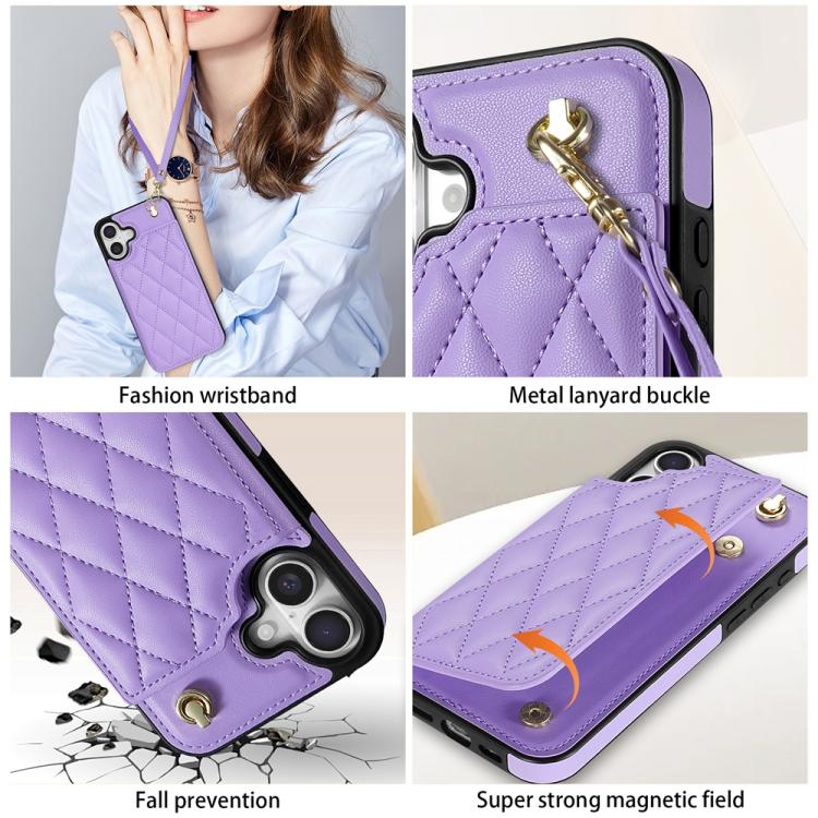 For iPhone 16 Plus Rhombic Dual Buckle Card Slots Phone Case with Lanyard