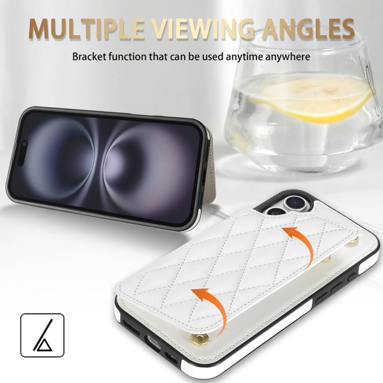 For iPhone 16 Rhombic Dual Buckle Card Slots Phone Case with Lanyard
