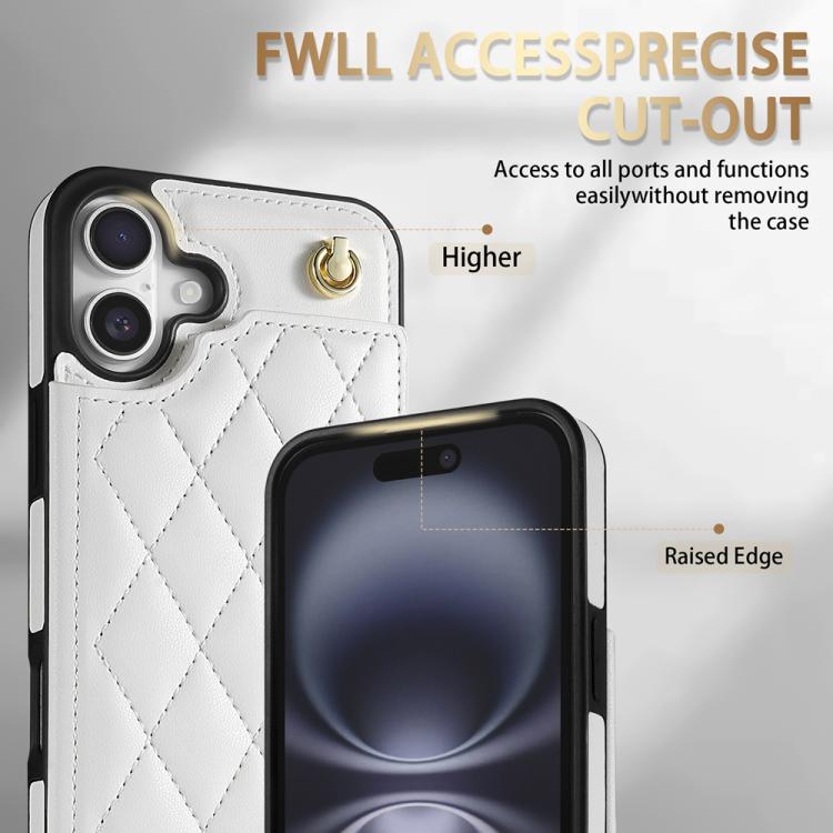 For iPhone 16 Rhombic Dual Buckle Card Slots Phone Case with Lanyard