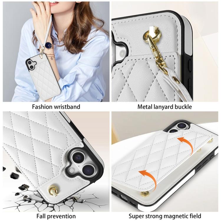 For iPhone 16 Rhombic Dual Buckle Card Slots Phone Case with Lanyard