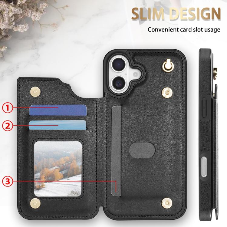 For iPhone 16 Rhombic Dual Buckle Card Slots Phone Case with Lanyard