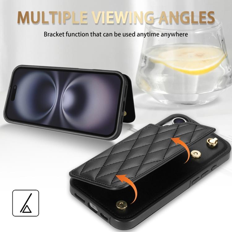 For iPhone 16 Rhombic Dual Buckle Card Slots Phone Case with Lanyard