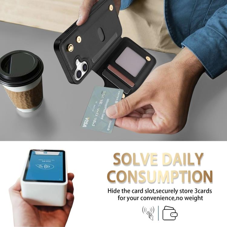 For iPhone 16 Rhombic Dual Buckle Card Slots Phone Case with Lanyard