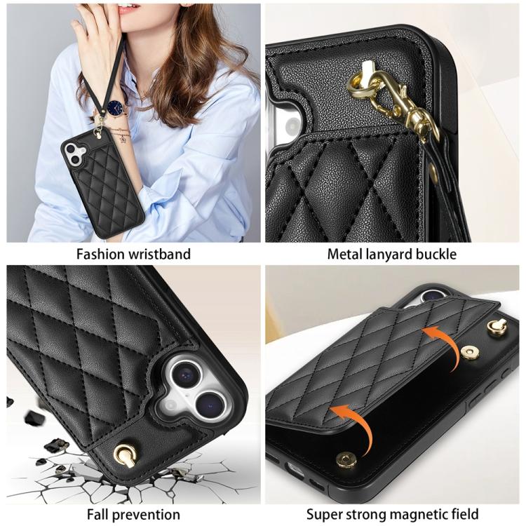 For iPhone 16 Rhombic Dual Buckle Card Slots Phone Case with Lanyard