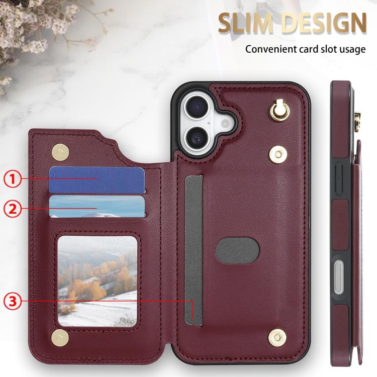 For iPhone 16 Rhombic Dual Buckle Card Slots Phone Case with Lanyard