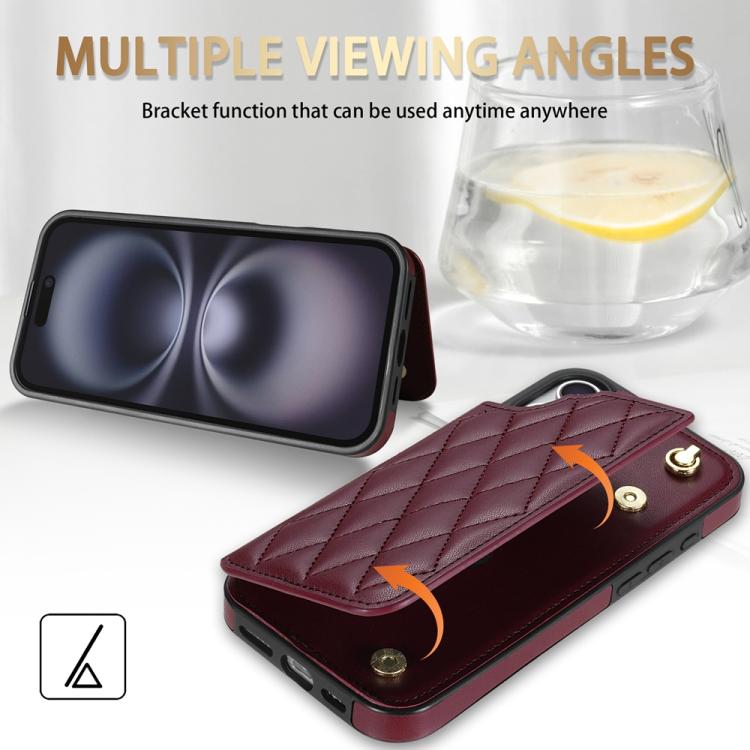 For iPhone 16 Rhombic Dual Buckle Card Slots Phone Case with Lanyard