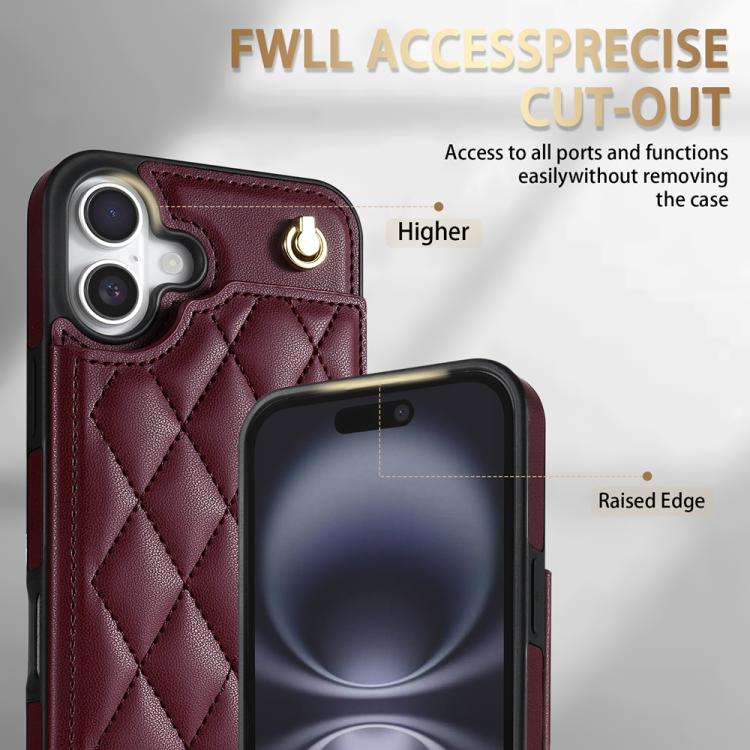 For iPhone 16 Rhombic Dual Buckle Card Slots Phone Case with Lanyard