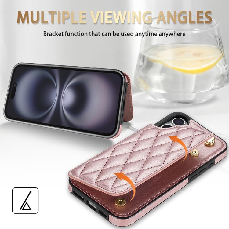 For iPhone 16 Rhombic Dual Buckle Card Slots Phone Case with Lanyard