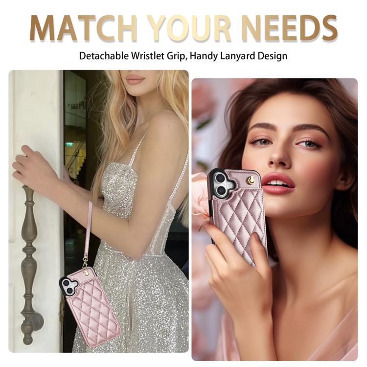 For iPhone 16 Rhombic Dual Buckle Card Slots Phone Case with Lanyard