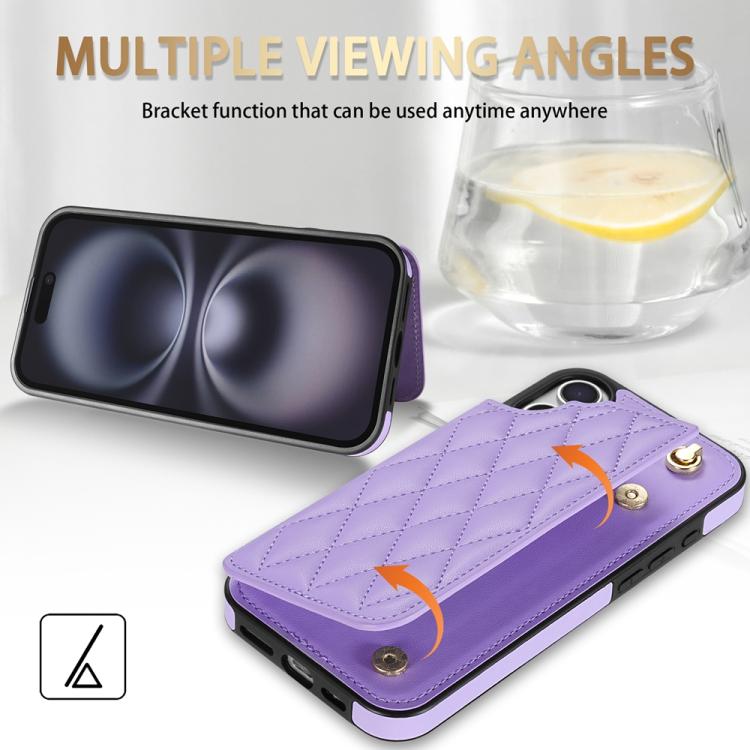 For iPhone 16 Rhombic Dual Buckle Card Slots Phone Case with Lanyard
