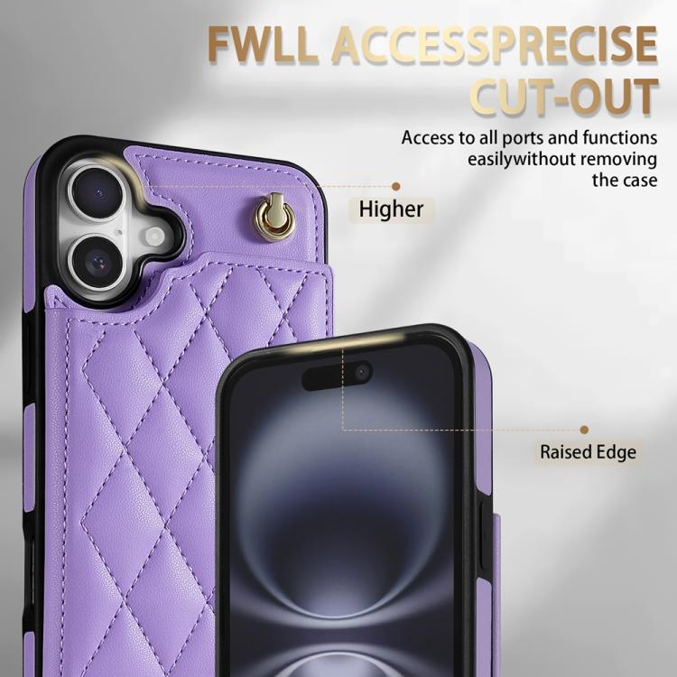 For iPhone 16 Rhombic Dual Buckle Card Slots Phone Case with Lanyard