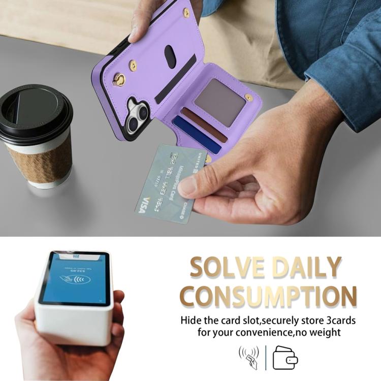 For iPhone 16 Rhombic Dual Buckle Card Slots Phone Case with Lanyard