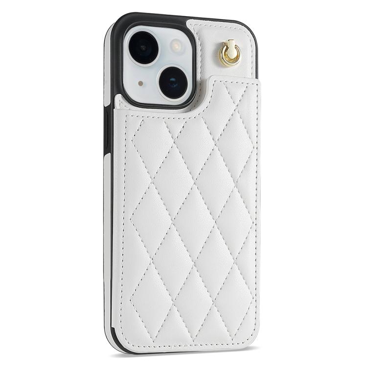 For iPhone 15 Rhombic Dual Buckle Card Slots Phone Case with Lanyard