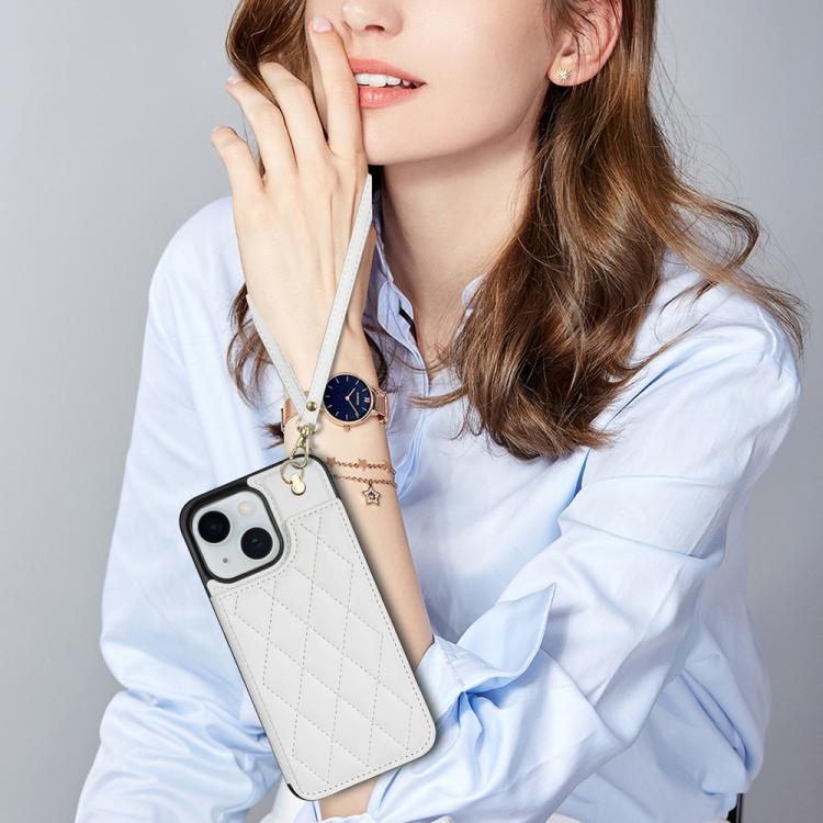 For iPhone 15 Rhombic Dual Buckle Card Slots Phone Case with Lanyard