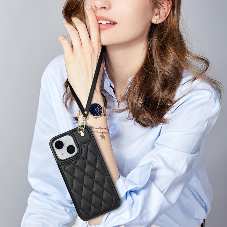 For iPhone 15 Rhombic Dual Buckle Card Slots Phone Case with Lanyard